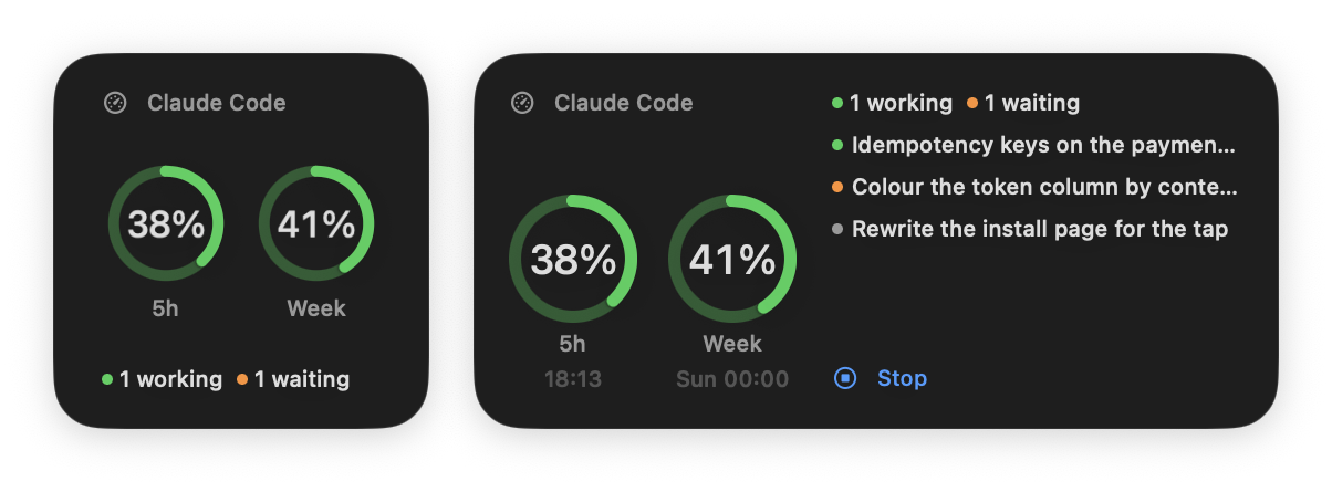 The widget in its small and medium sizes: rings for the five-hour and weekly limits, and in the medium size the running sessions, when each limit resets and a Stop link